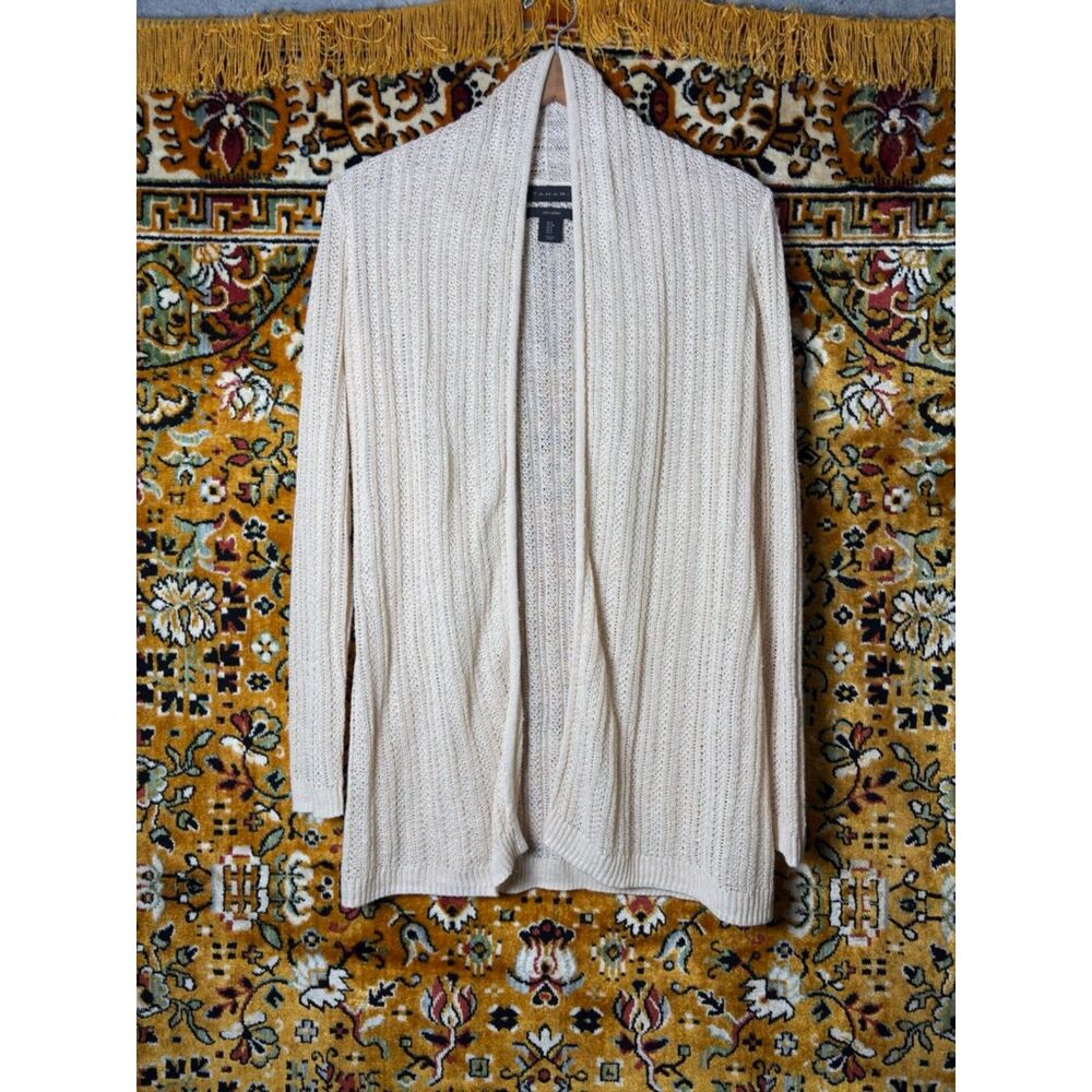 Tahari 100% Linen Open Knit Champagne Cardigan Duster Size S Neutral Knitwear